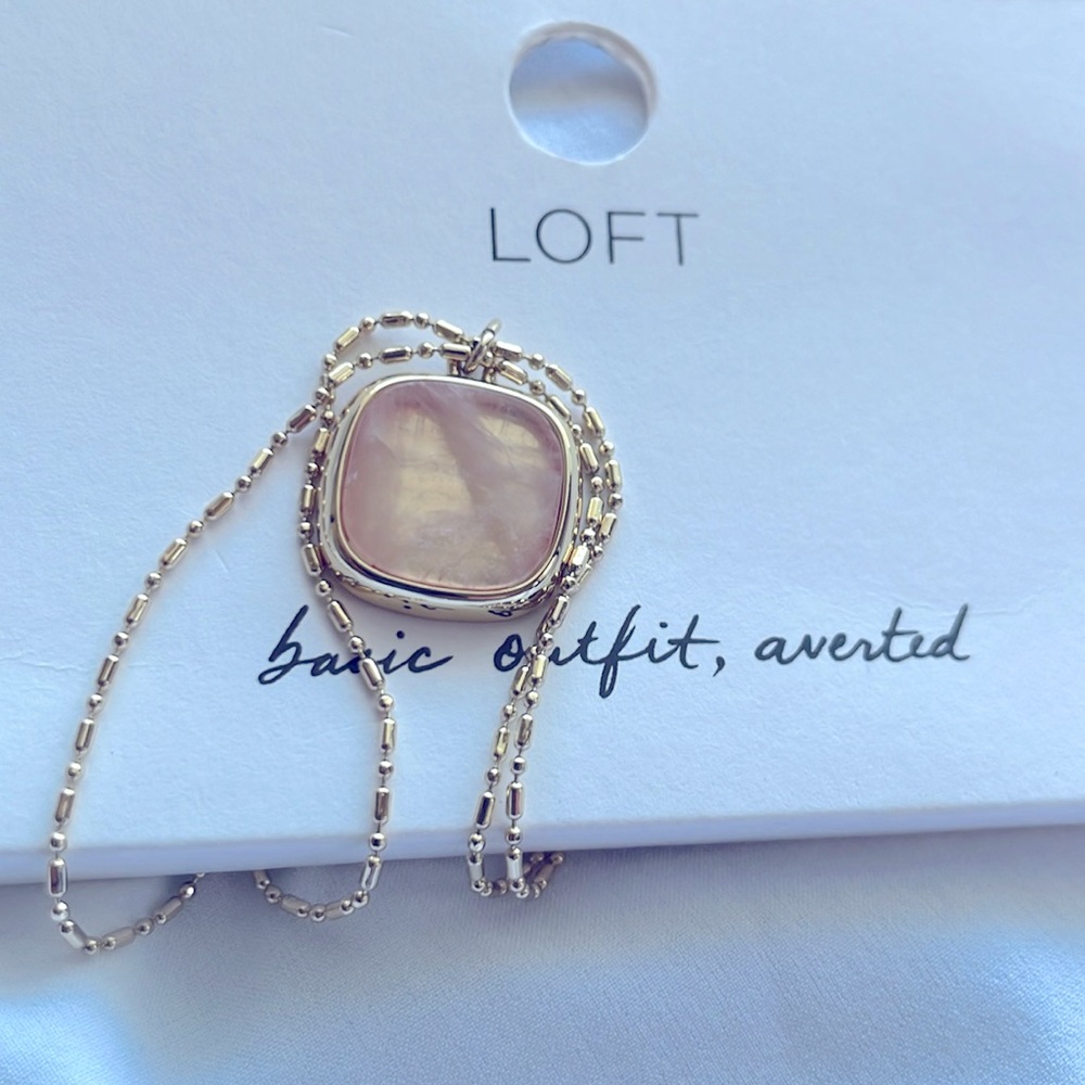 Loft -delicate double chain, with rose quartz like square pendant necklace.